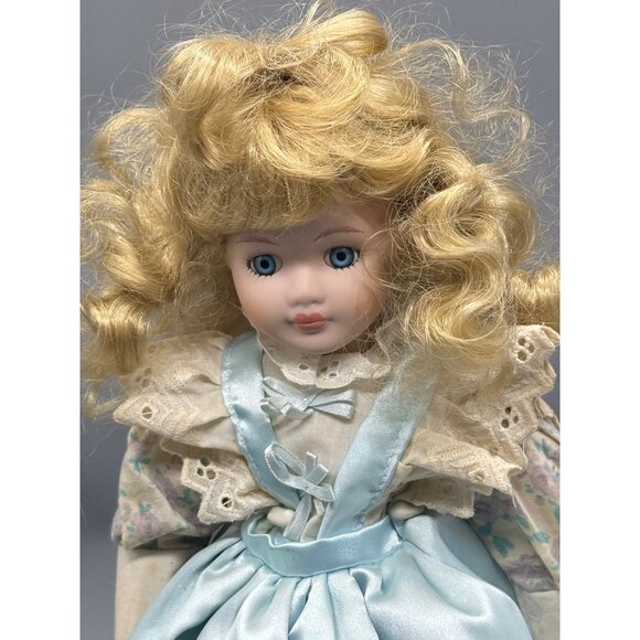 Vintage Porcelain Doll Blonde Curly Hair Blue Eyes Dress Lace Trim Figurine READ - Picture 3 of 11